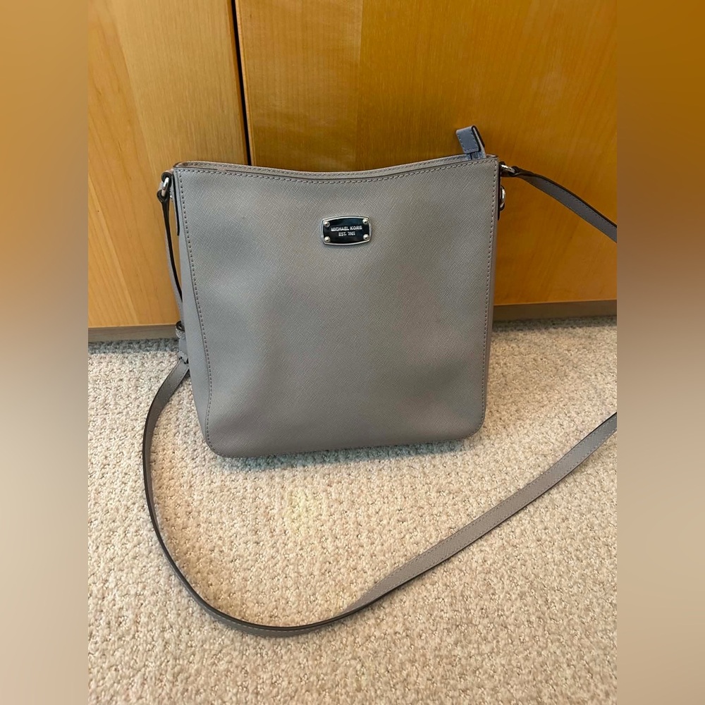 Michael Kors Gray Saffiano Crossbody with Logo Plaque